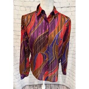 Apparenza Women's Multicolor Sheer Striped Blouse Purple Red Gold shirt Small
